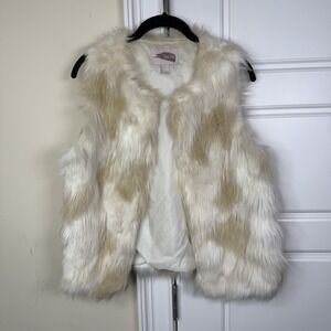Vintage Forever 21 Faux Fur Vest Women's Small Cream Beige Open Front Lined Y2K